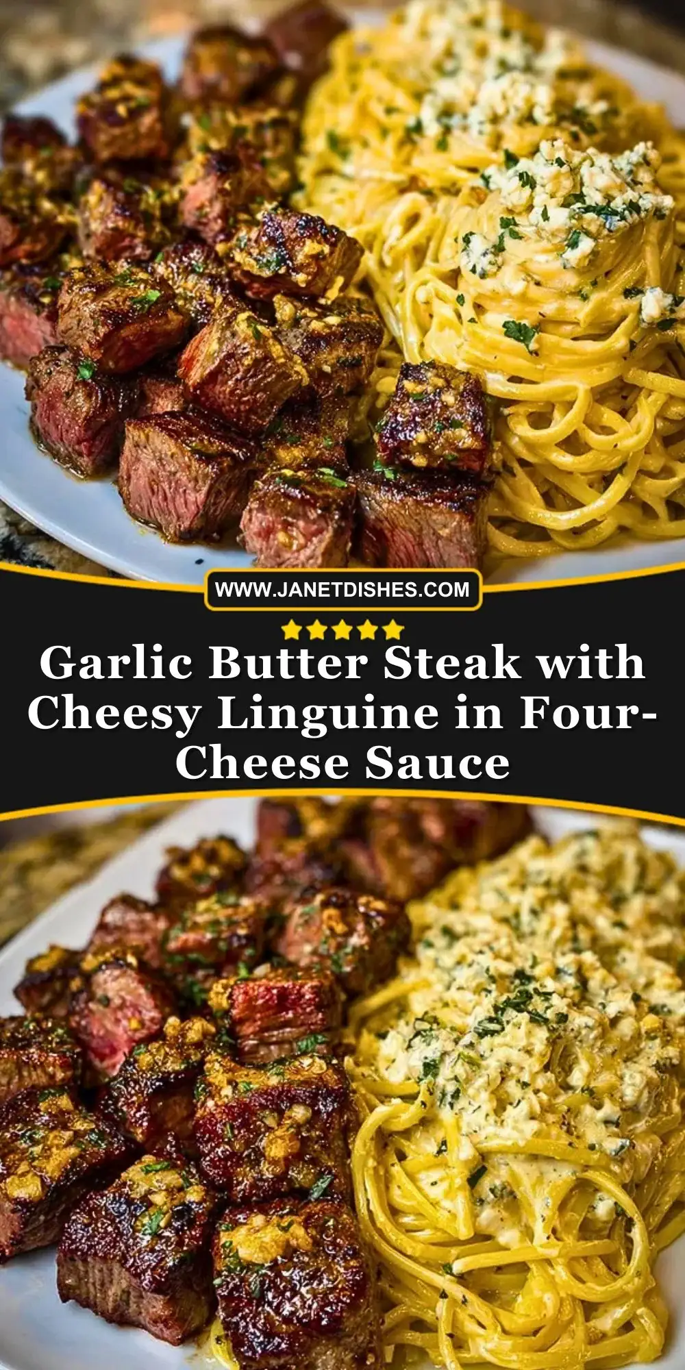 Garlic Butter Steak with Cheesy Linguine in Four-Cheese Sauce Pin 1
