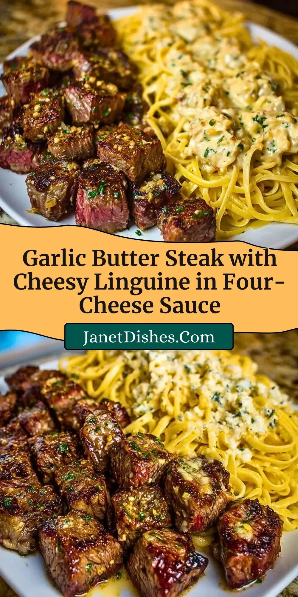Garlic Butter Steak with Cheesy Linguine in Four-Cheese Sauce Pin 2