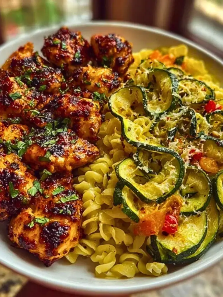 Garlic Chili Oil Chicken Bites & Cajun Alfredo with Charred Zucchini Twists 2