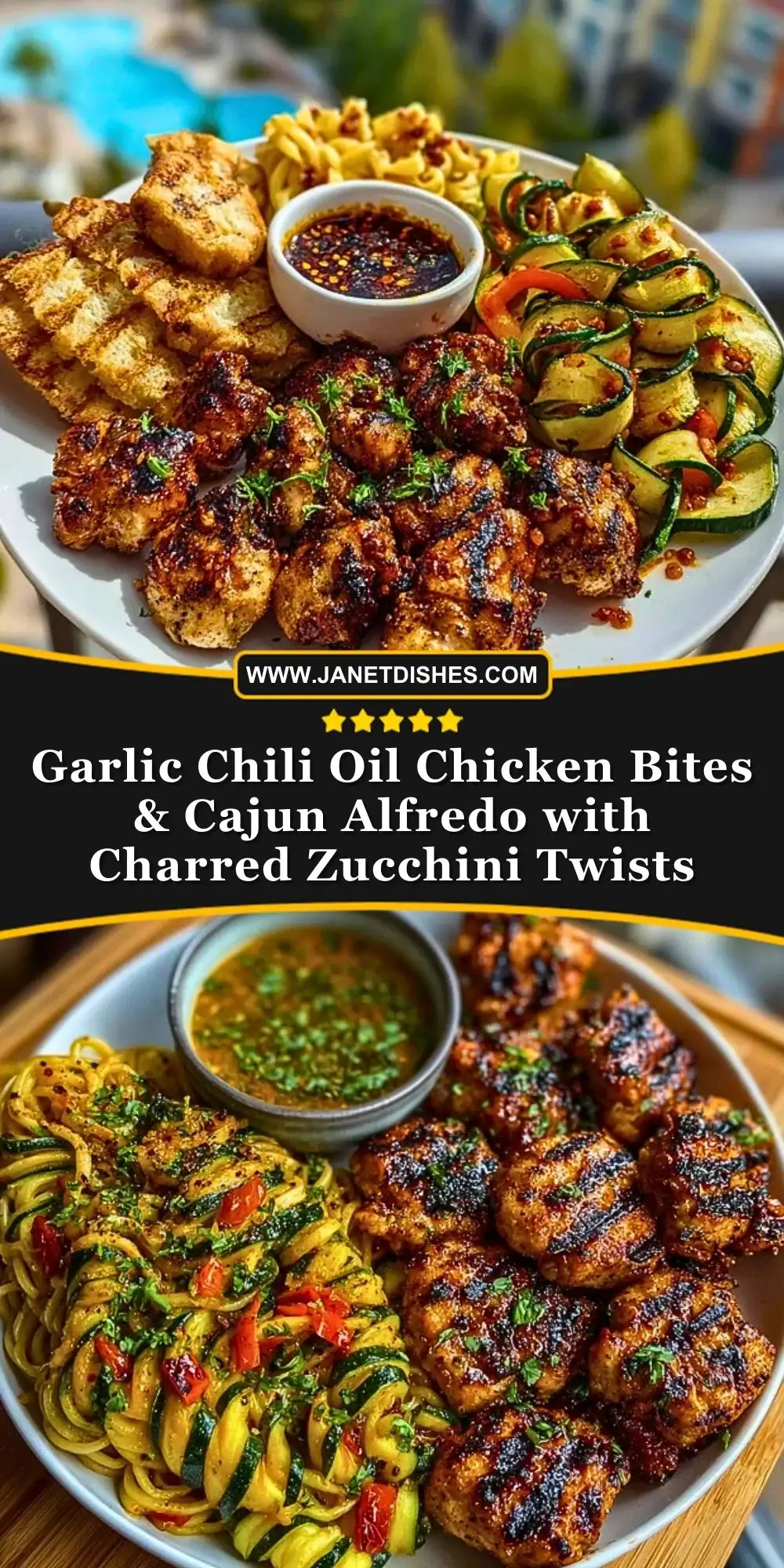 Garlic Chili Oil Chicken Bites & Cajun Alfredo with Charred Zucchini Twists Pin 1