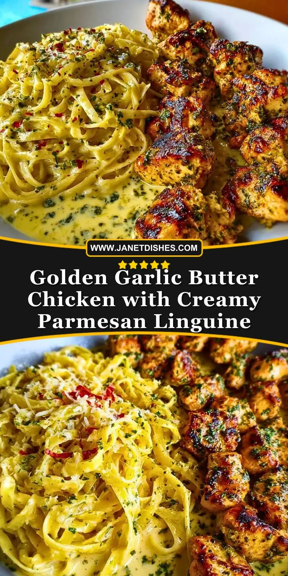 Golden Garlic Butter Chicken with Creamy Parmesan Linguine Pin 1