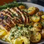 Greek Chicken Alfredo & Garlic Potatoes with Spicy Hot Honey Tahini Pesto 1