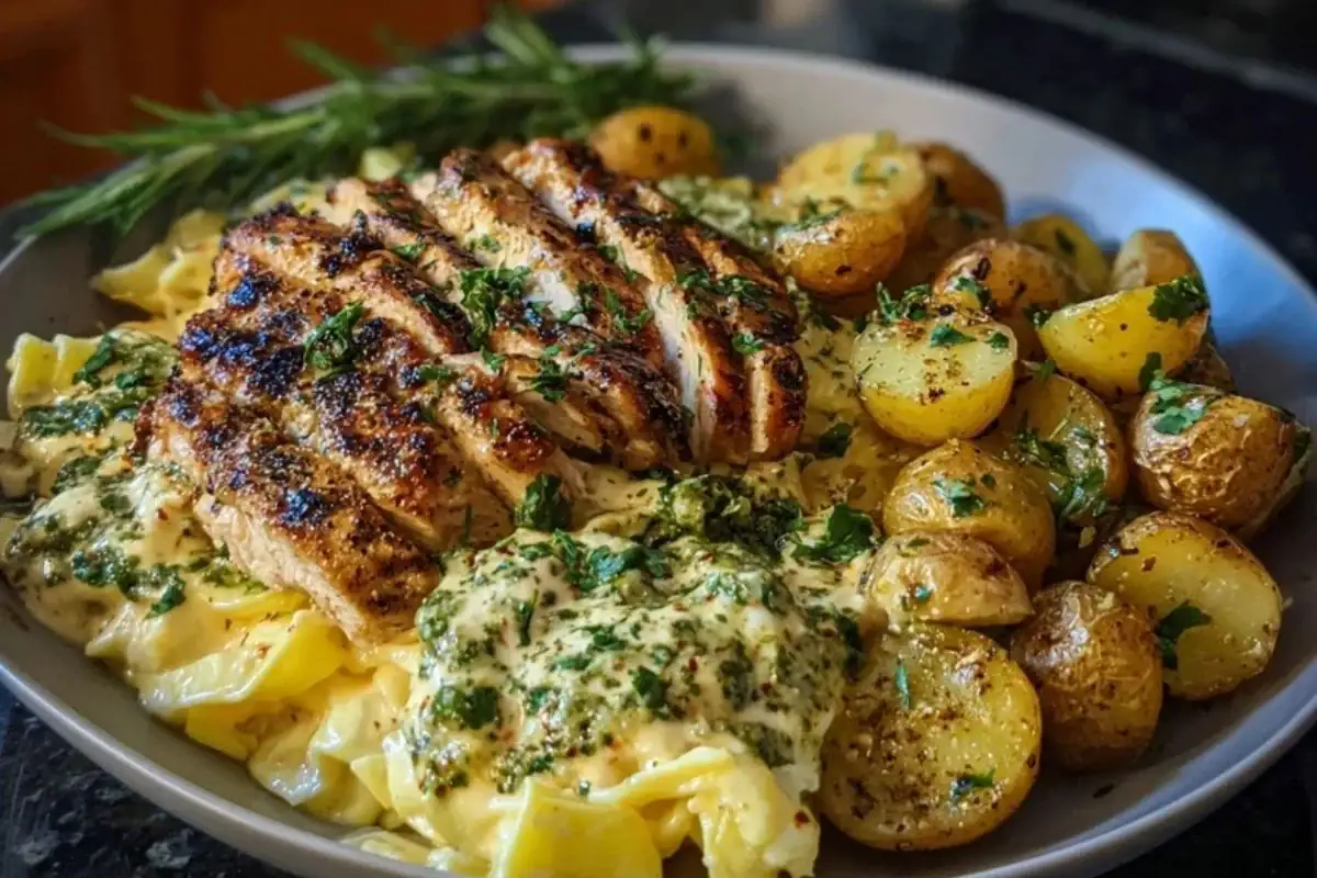 Greek Chicken Alfredo & Garlic Potatoes with Spicy Hot Honey Tahini Pesto 1