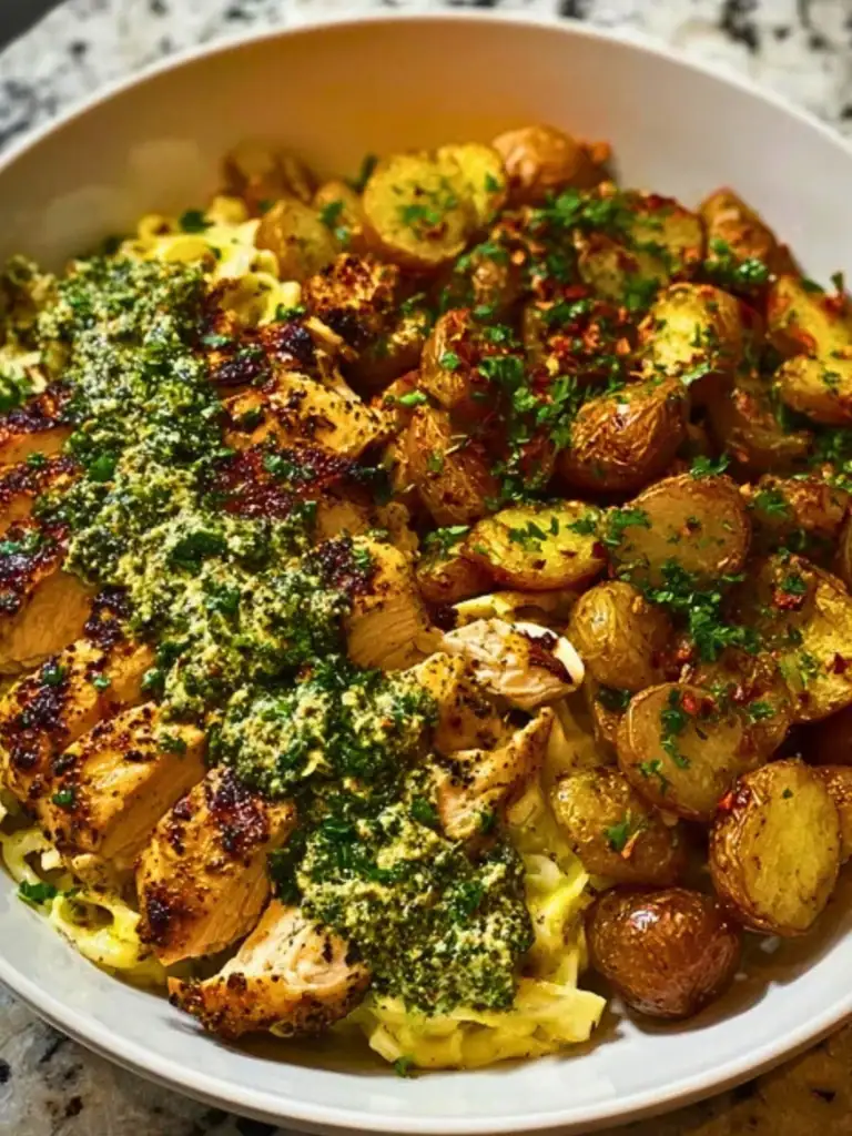 Greek Chicken Alfredo & Garlic Potatoes with Spicy Hot Honey Tahini Pesto 2
