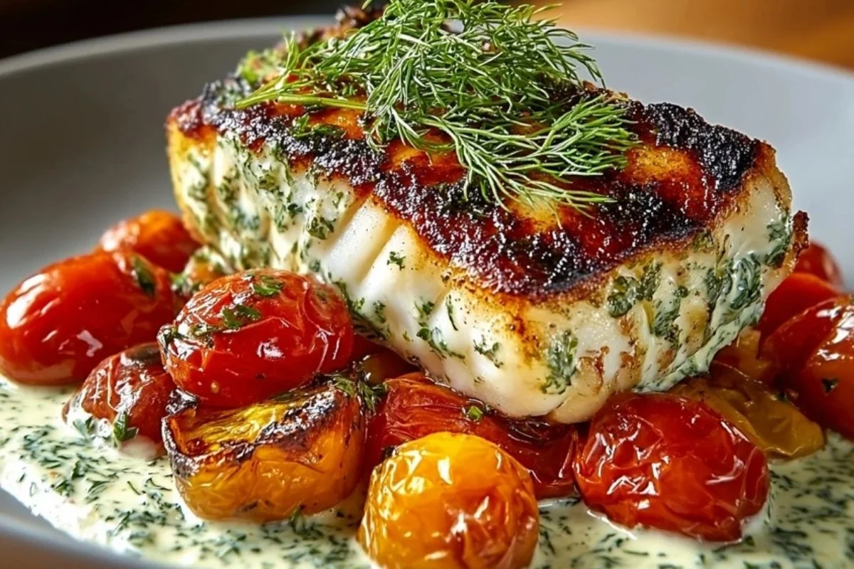Grilled Cod with Roasted Tomatoes & Creamy Dill Sauce 1