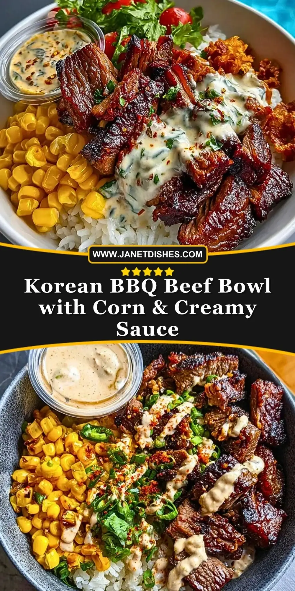 Korean BBQ Beef Bowl with Corn & Creamy Sauce Pin 1