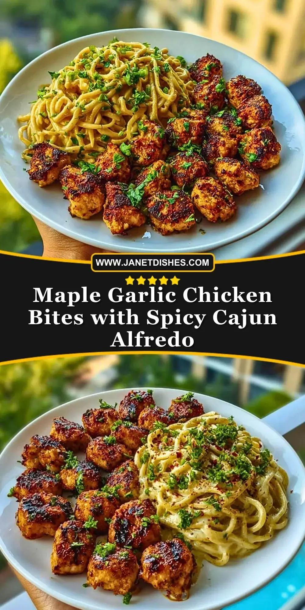 Maple Garlic Chicken Bites with Spicy Cajun Alfredo Pin 1