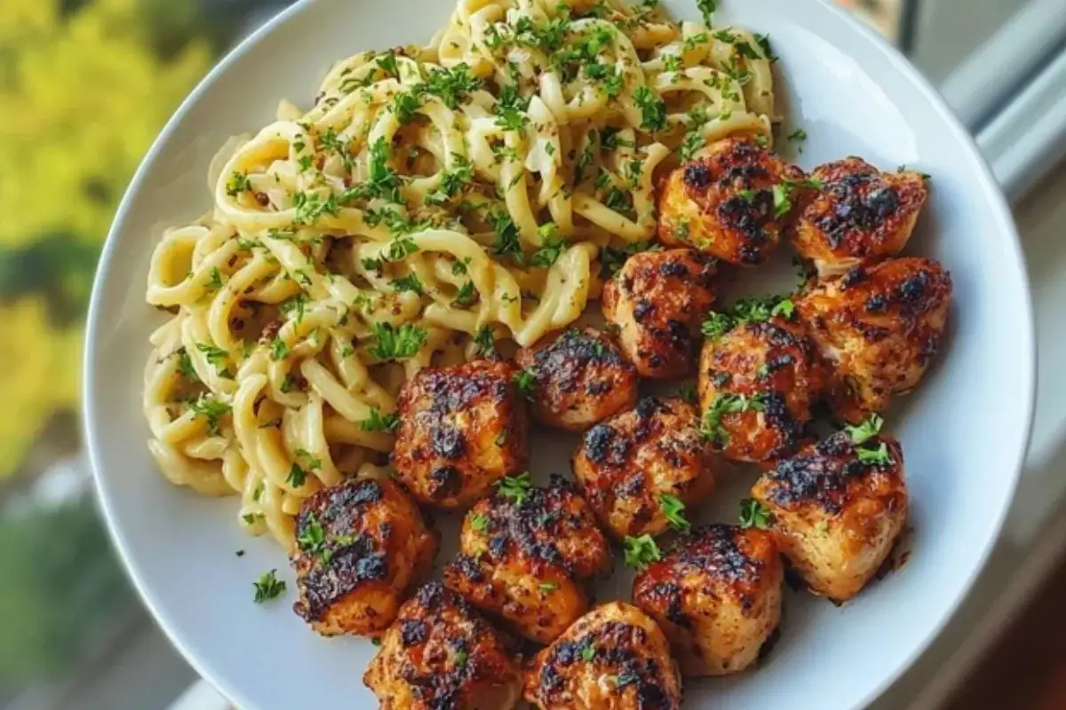 Maple Garlic Chicken Bites with Spicy Cajun Alfredo