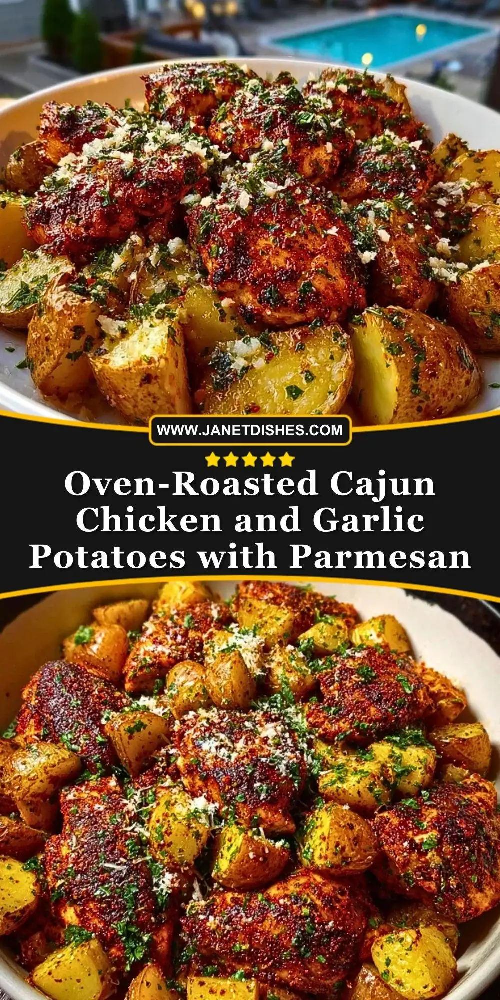 Oven-Roasted Cajun Chicken and Garlic Potatoes with Parmesan Pin 1