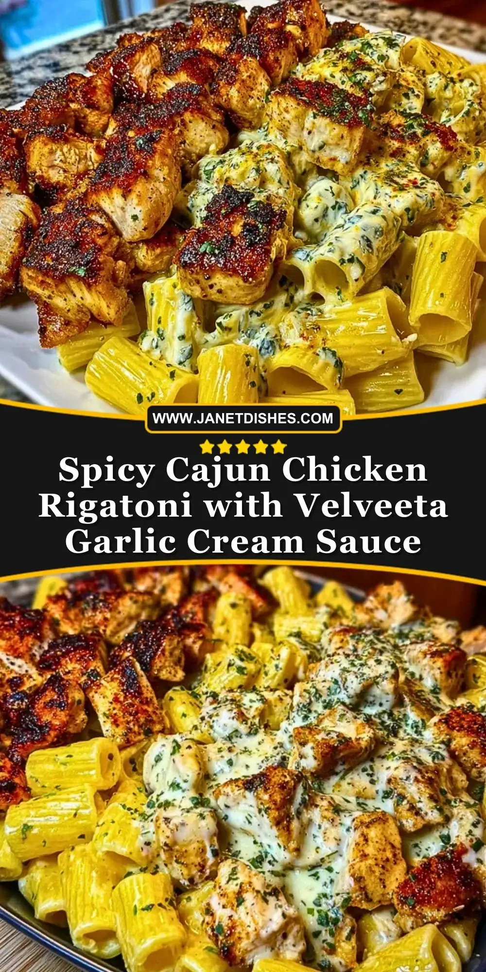 Spicy Cajun Chicken Rigatoni with Velveeta Garlic Cream Sauce Pin 1