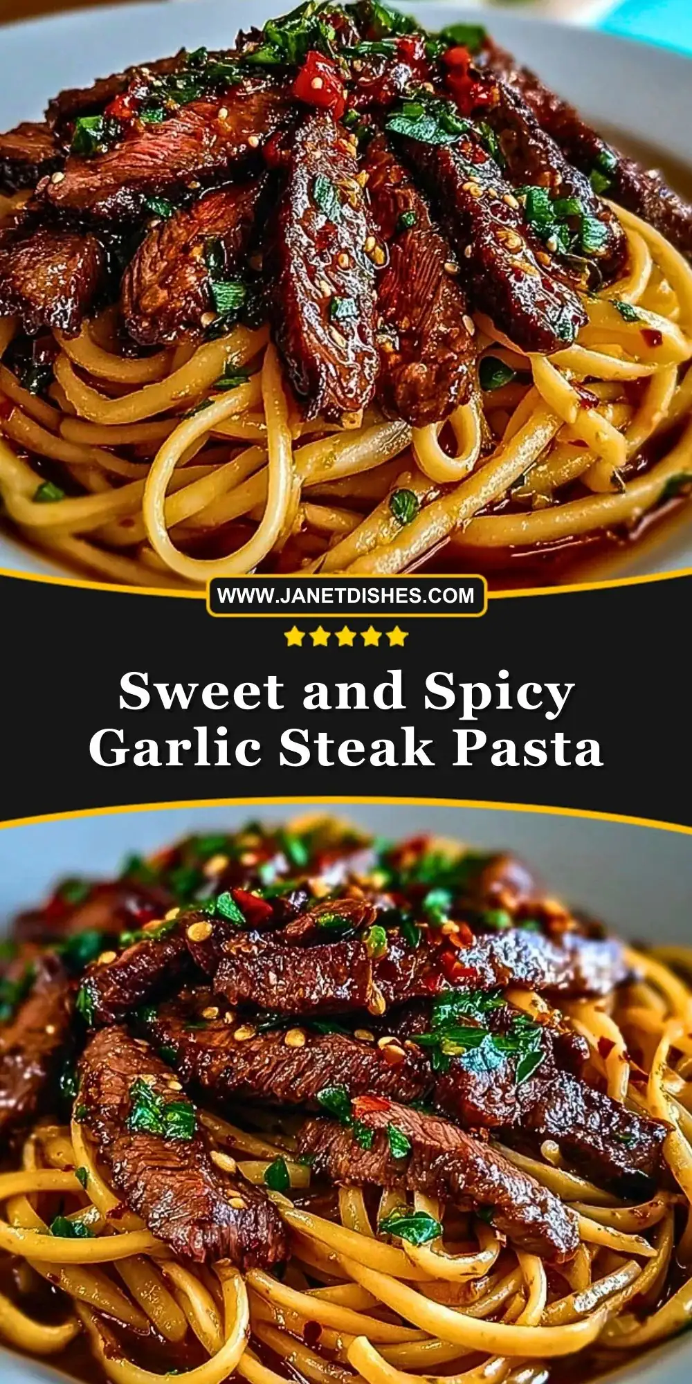 Sweet and Spicy Garlic Steak Pasta Pin 1