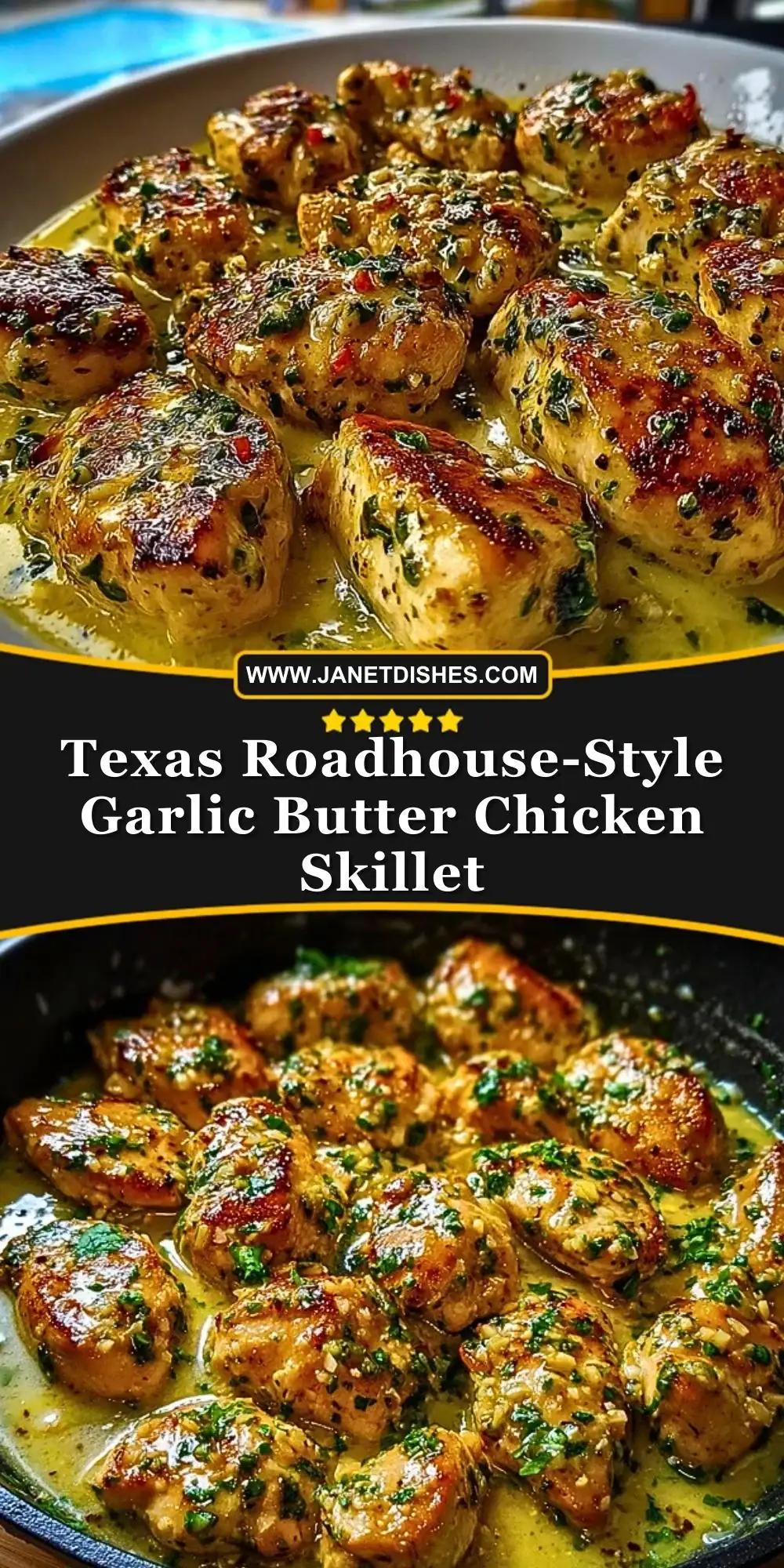 Texas Roadhouse-Style Garlic Butter Chicken Skillet Pin 1