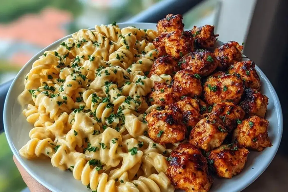 The Best Garlic Butter Chicken Bites with Spicy Cajun Alfredo Twisted Pasta 1