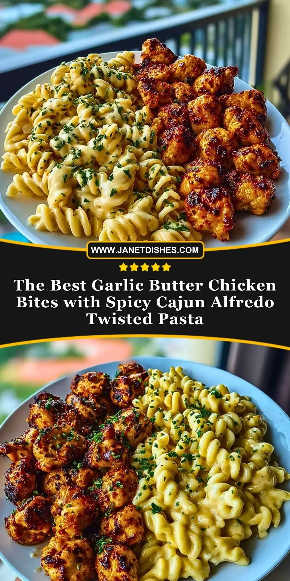 The Best Garlic Butter Chicken Bites with Spicy Cajun Alfredo Twisted Pasta Pin 1