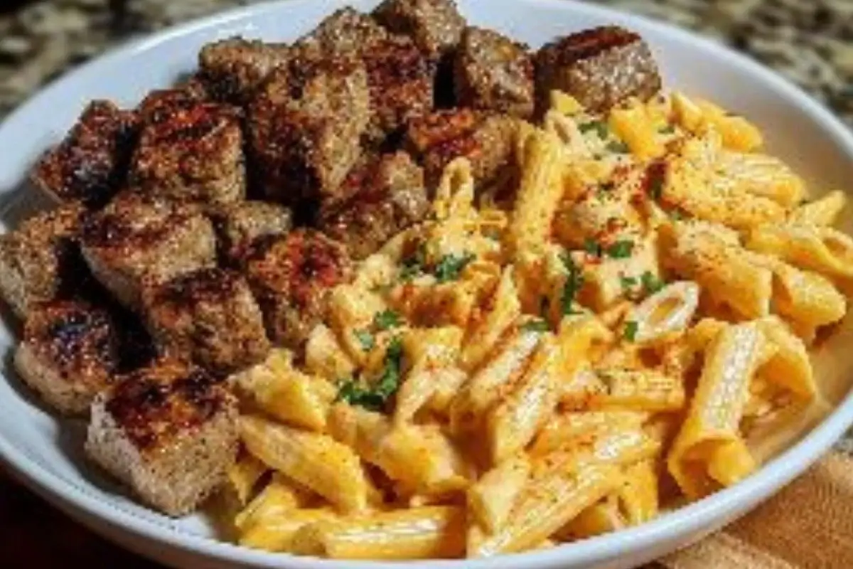 Ultimate Cajun Steak Tips Recipe with Cheesy Penne Parmesan Sauce 1
