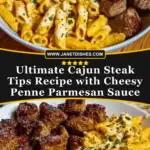 Ultimate Cajun Steak Tips Recipe with Cheesy Penne Parmesan Sauce Pin 1