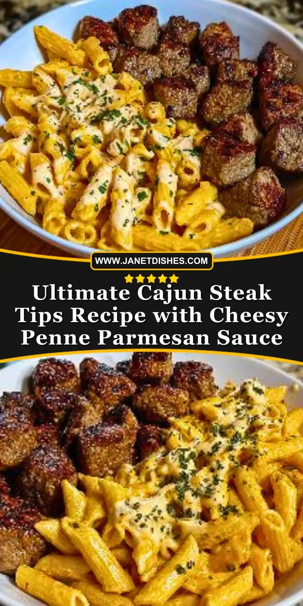 Ultimate Cajun Steak Tips Recipe with Cheesy Penne Parmesan Sauce Pin 1