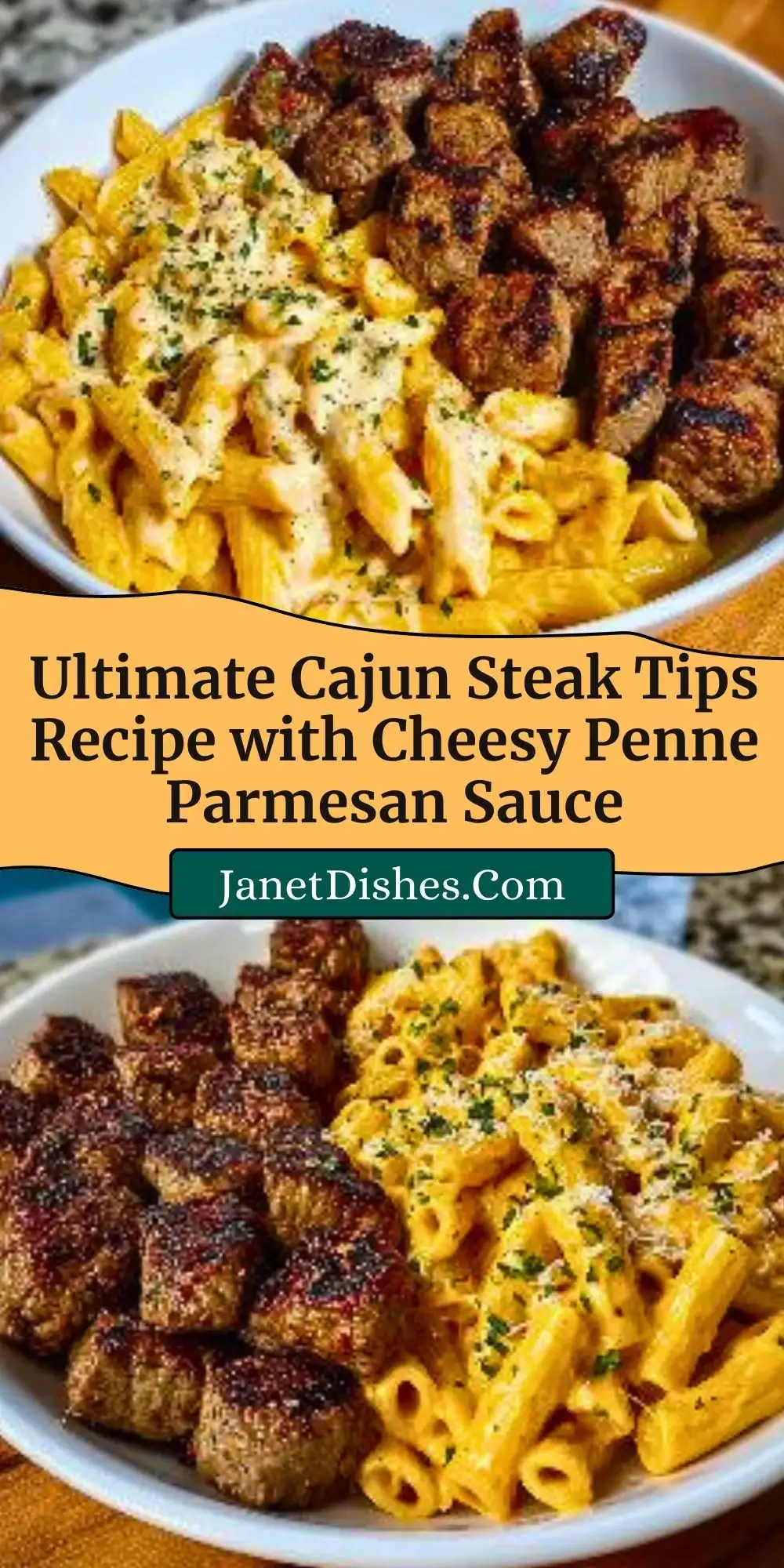 Ultimate Cajun Steak Tips Recipe with Cheesy Penne Parmesan Sauce Pin 2