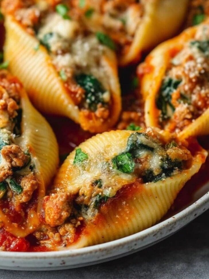 Cheesy Ground Turkey & Spinach Stuffed Shells